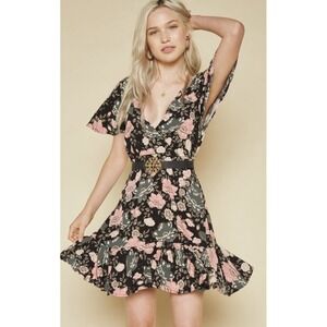 Spell & The Gypsy Collective Coal Winona Mini Floral Babydoll Flounce Dress XS